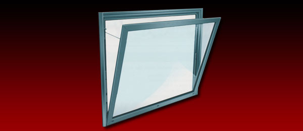 A vertical smoke ventilation window in the open position